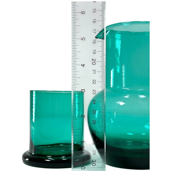 RARE Teal Glass Hand Blown Vintage Tumble Up Guest Pitcher and Cup Matching Set - Picture 15 of 15